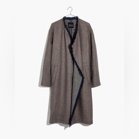 Madewell Fringed Herringbone Robe Coat Large XL gray navy wool blend open light - Picture 6 of 16